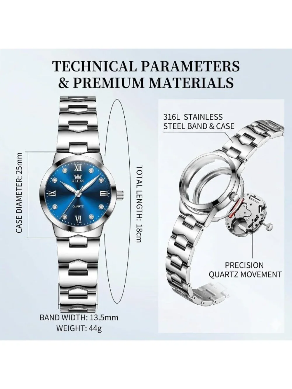 Women's Blue and Silver Analog Quartz Waterproof Stainless Steel Band Watch